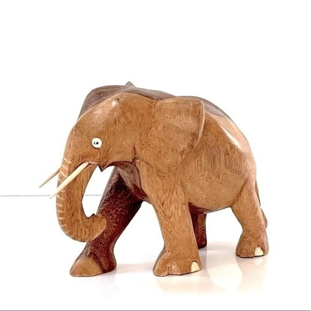 Hand Carved Tan Wood Elephant Statue 4